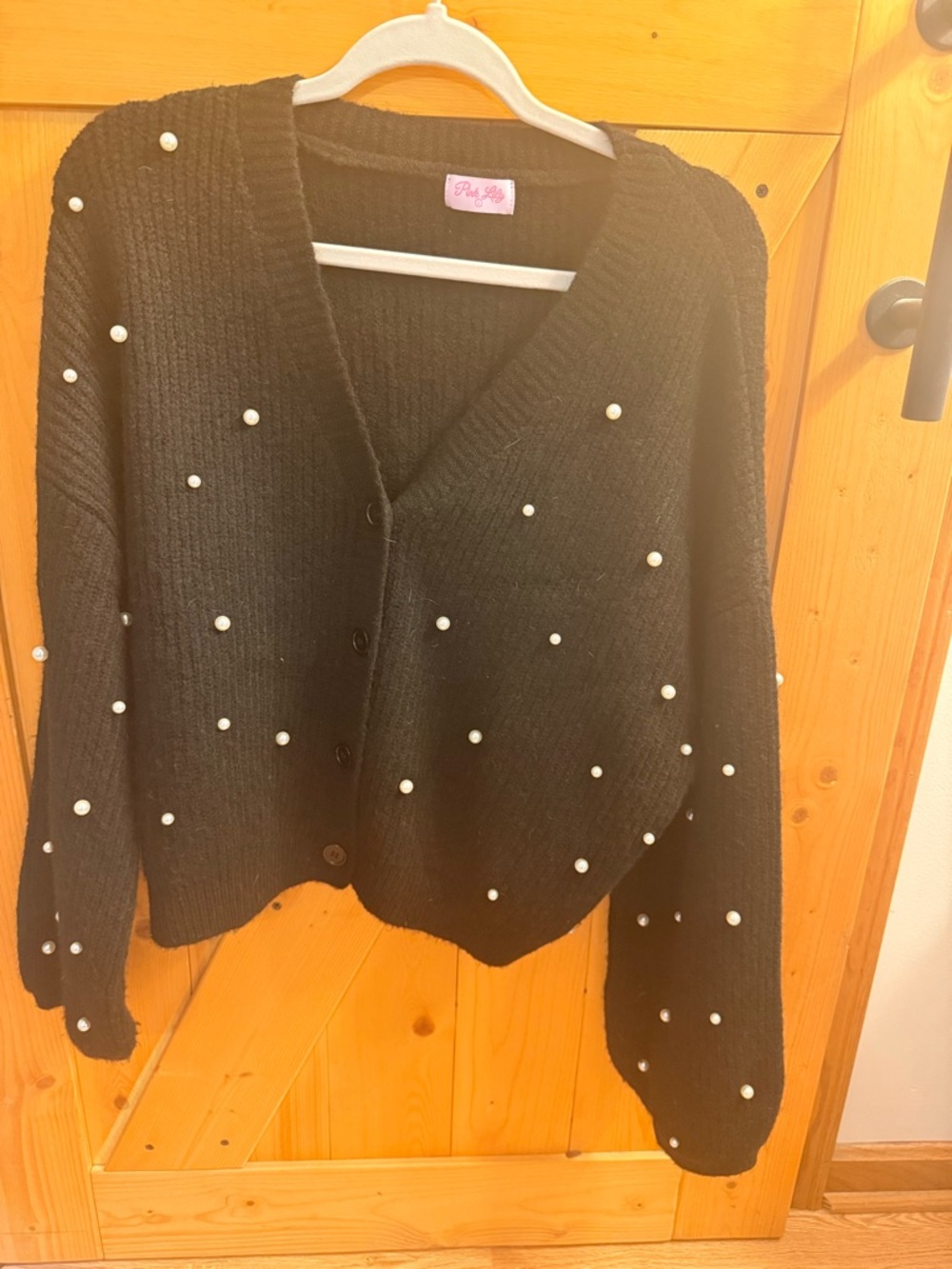 Pink Lily Black Pearl-Embellished V-Neck Cardigan